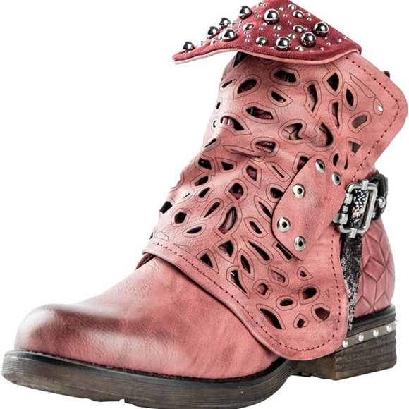 Combat Boots Studded Heels Biker Shoes-Winered - Picture 3 of 7